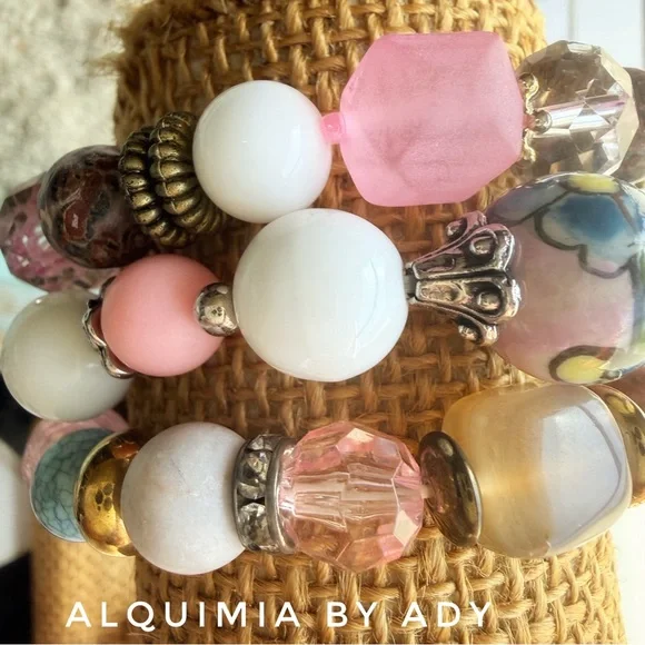 Alquimia Pink and White Floral Glass Bead Bracelet Stack GEMSTONES - Picture 2 of 7